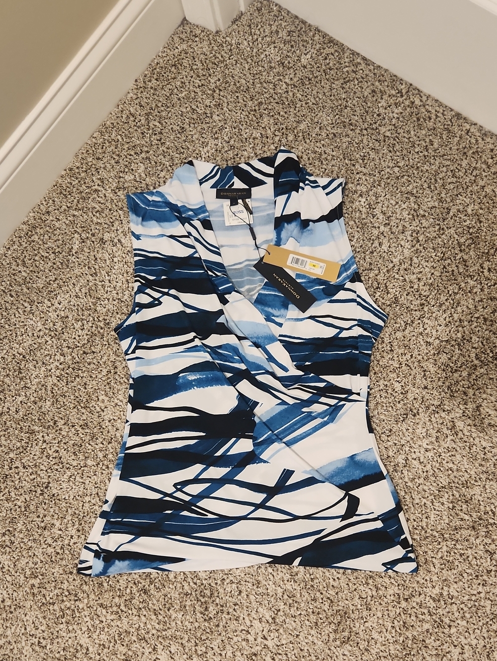 Donna Karan Blue & White Abstract Print Sleeveless Crisscross Blouse - NWT